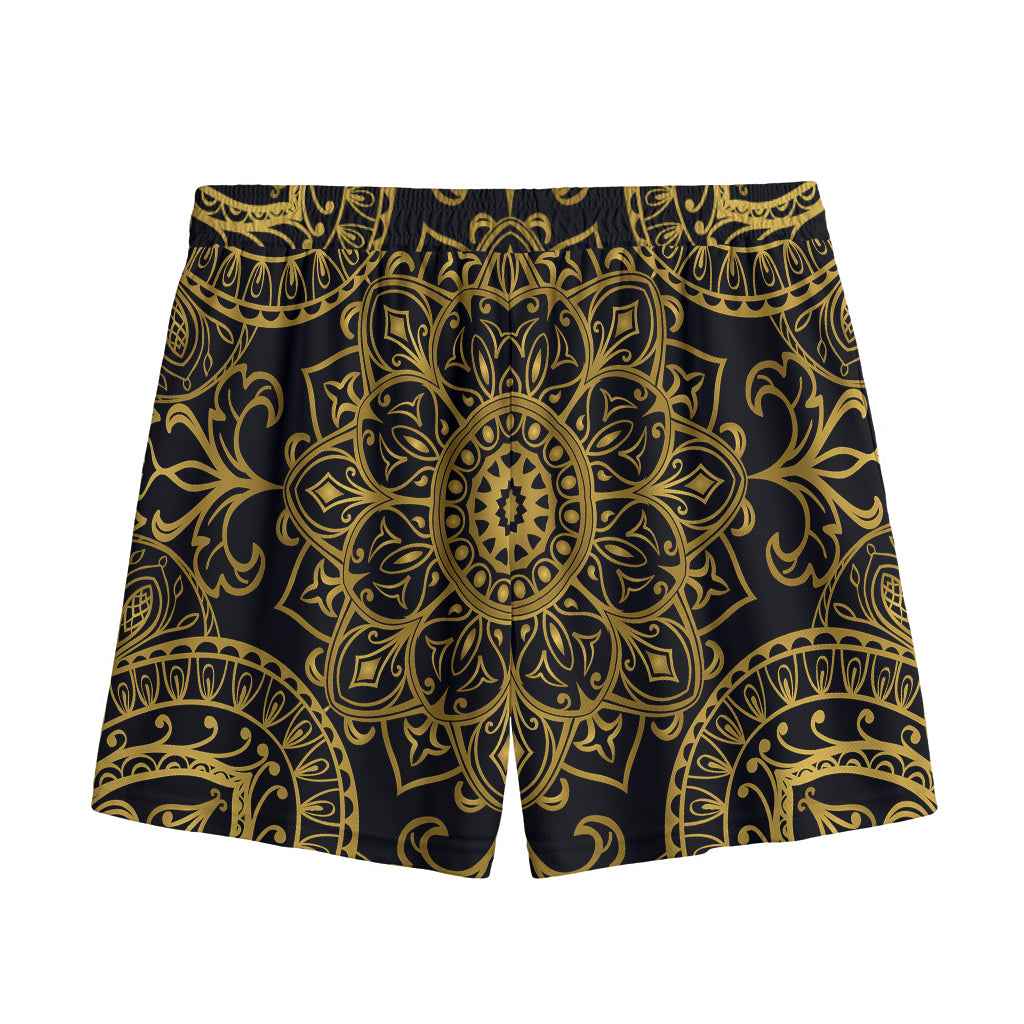 Gold And Black Mandala Print Mesh Shorts
