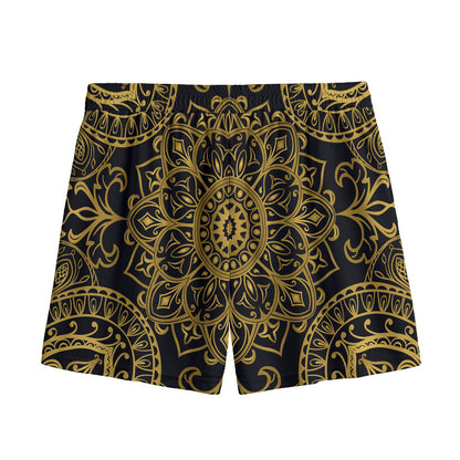 Gold And Black Mandala Print Mesh Shorts