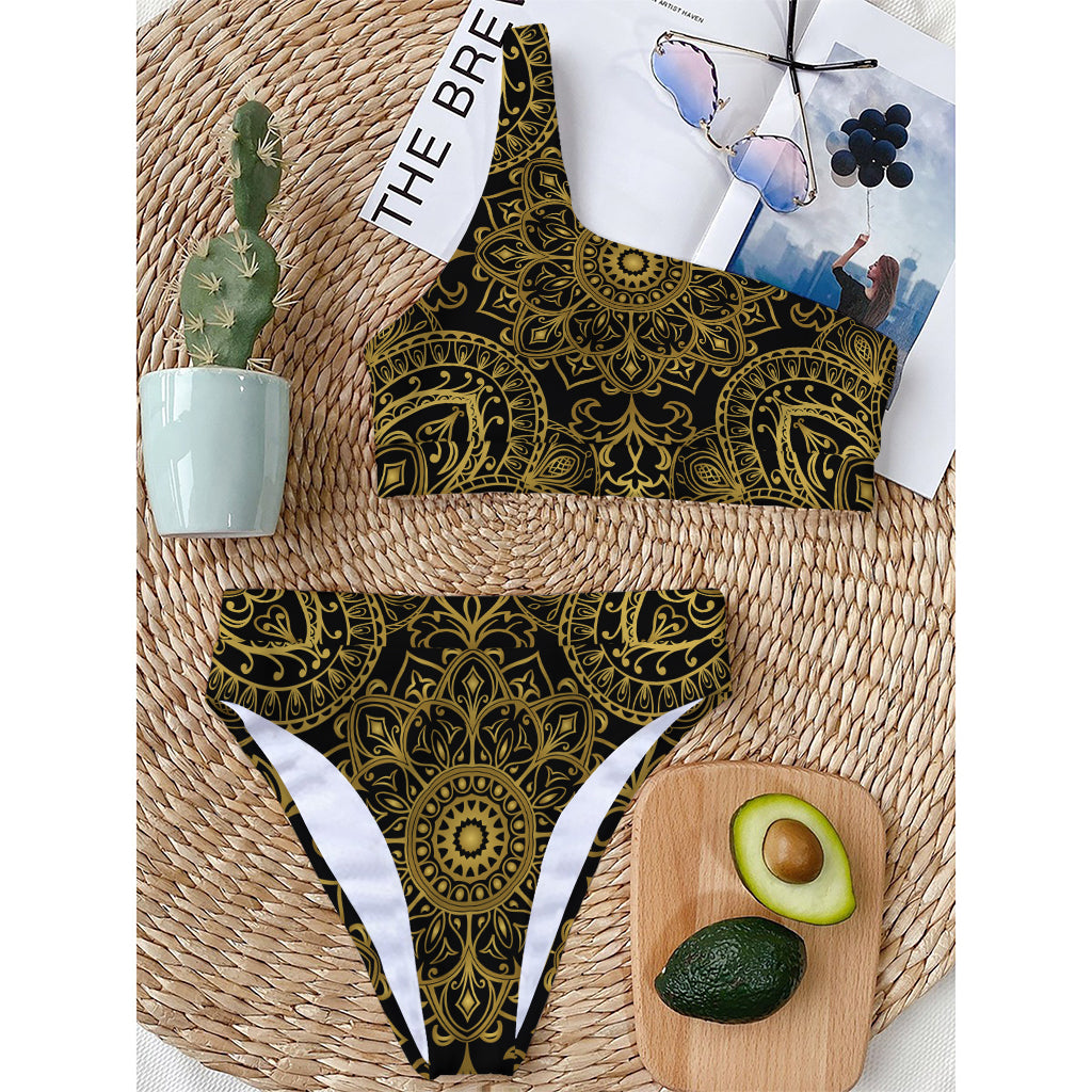 Gold And Black Mandala Print One Shoulder Bikini Top