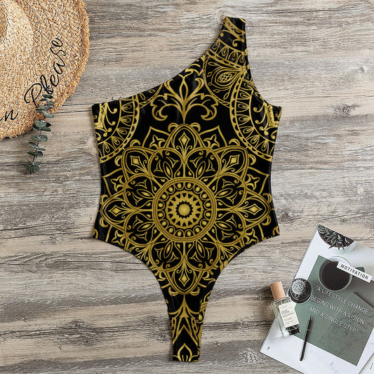 Gold And Black Mandala Print One Shoulder Bodysuit