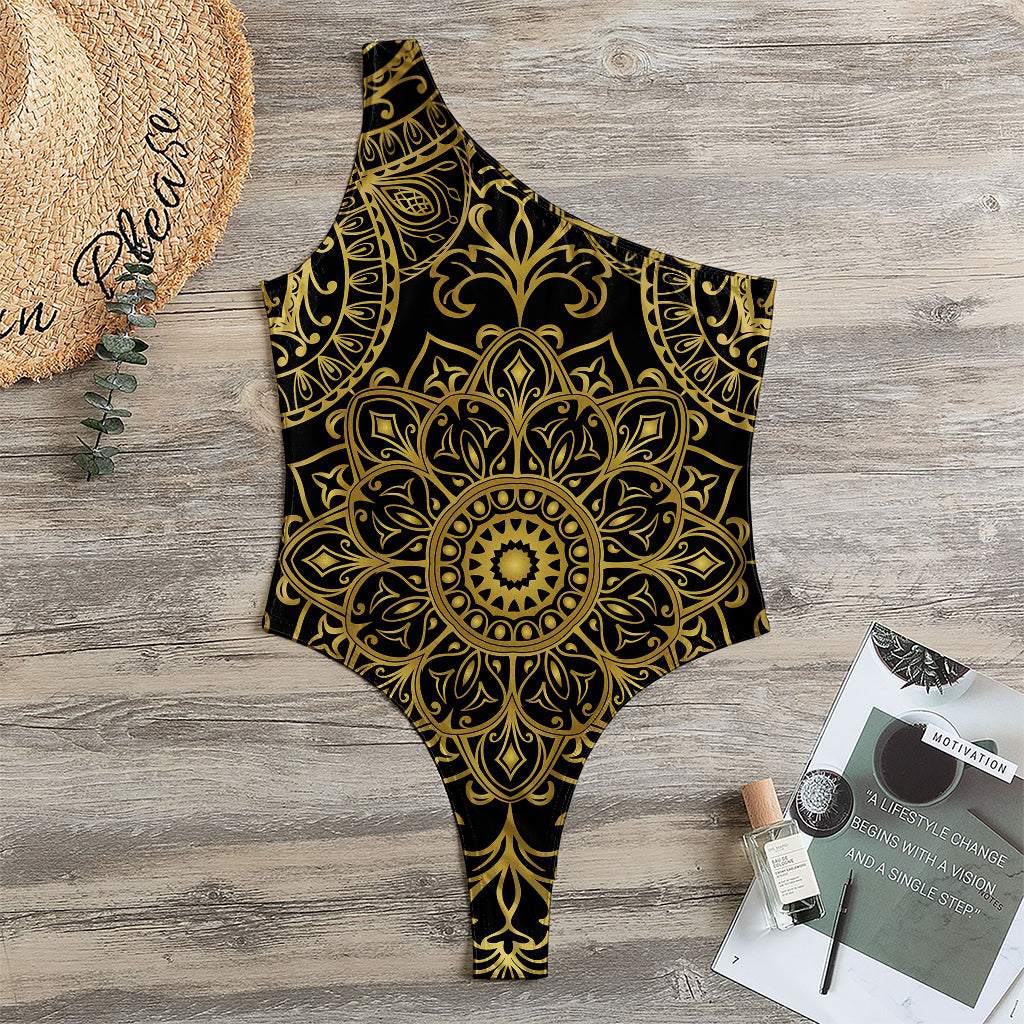 Gold And Black Mandala Print One Shoulder Bodysuit