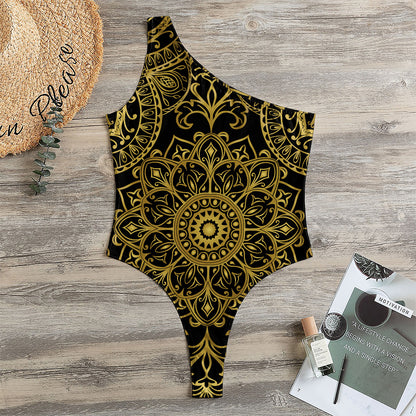 Gold And Black Mandala Print One Shoulder Bodysuit