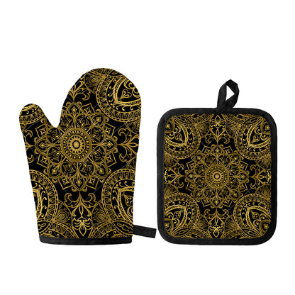 Gold And Black Mandala Print Oven Mitt And Pot Holder Set
