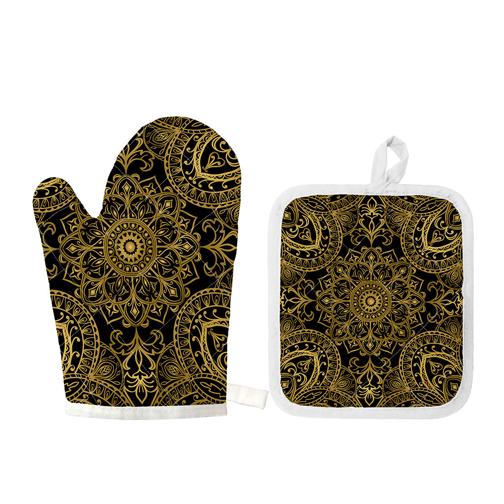 Gold And Black Mandala Print Oven Mitt And Pot Holder Set