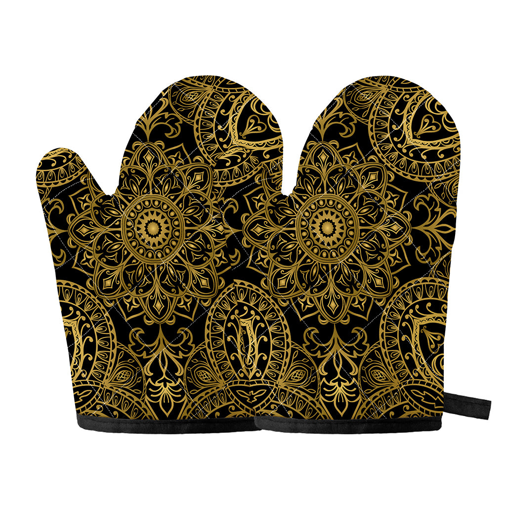 Gold And Black Mandala Print Oven Mitts