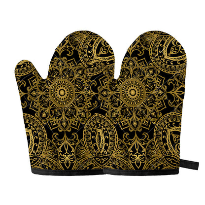 Gold And Black Mandala Print Oven Mitts