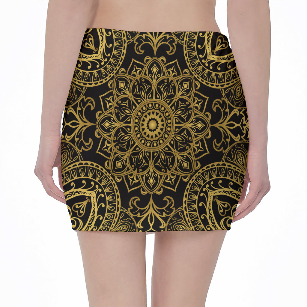 Gold And Black Mandala Print Pencil Mini Skirt