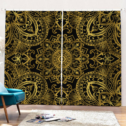 Gold And Black Mandala Print Pencil Pleat Curtains