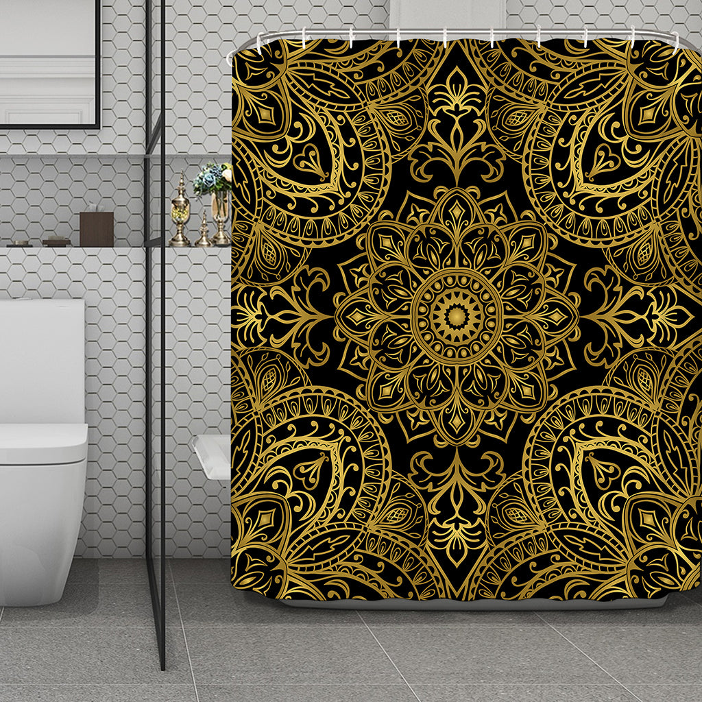 Gold And Black Mandala Print Polyester Shower Curtain
