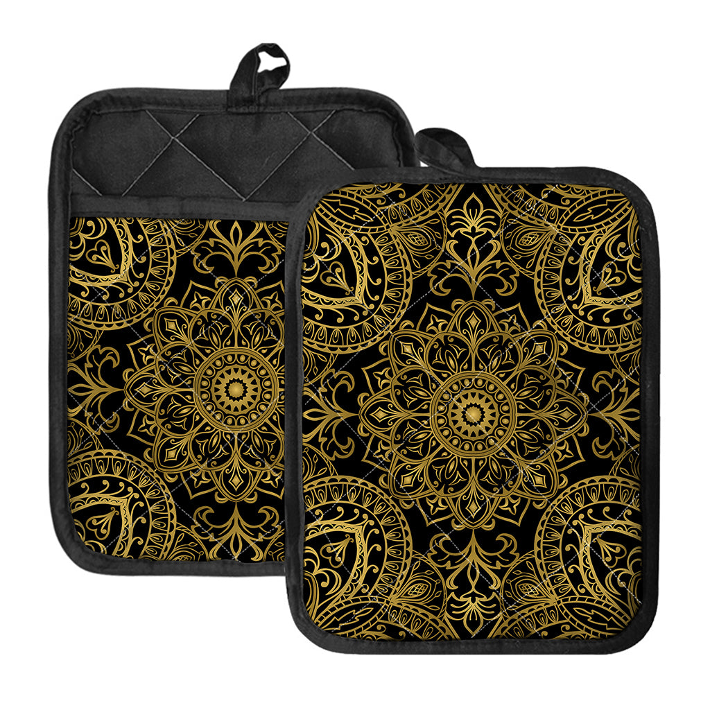 Gold And Black Mandala Print Pot Holders With Pocket