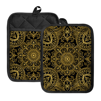 Gold And Black Mandala Print Pot Holders With Pocket
