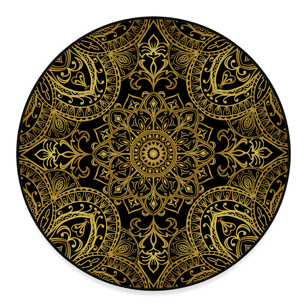 Gold And Black Mandala Print Round Floor Mat