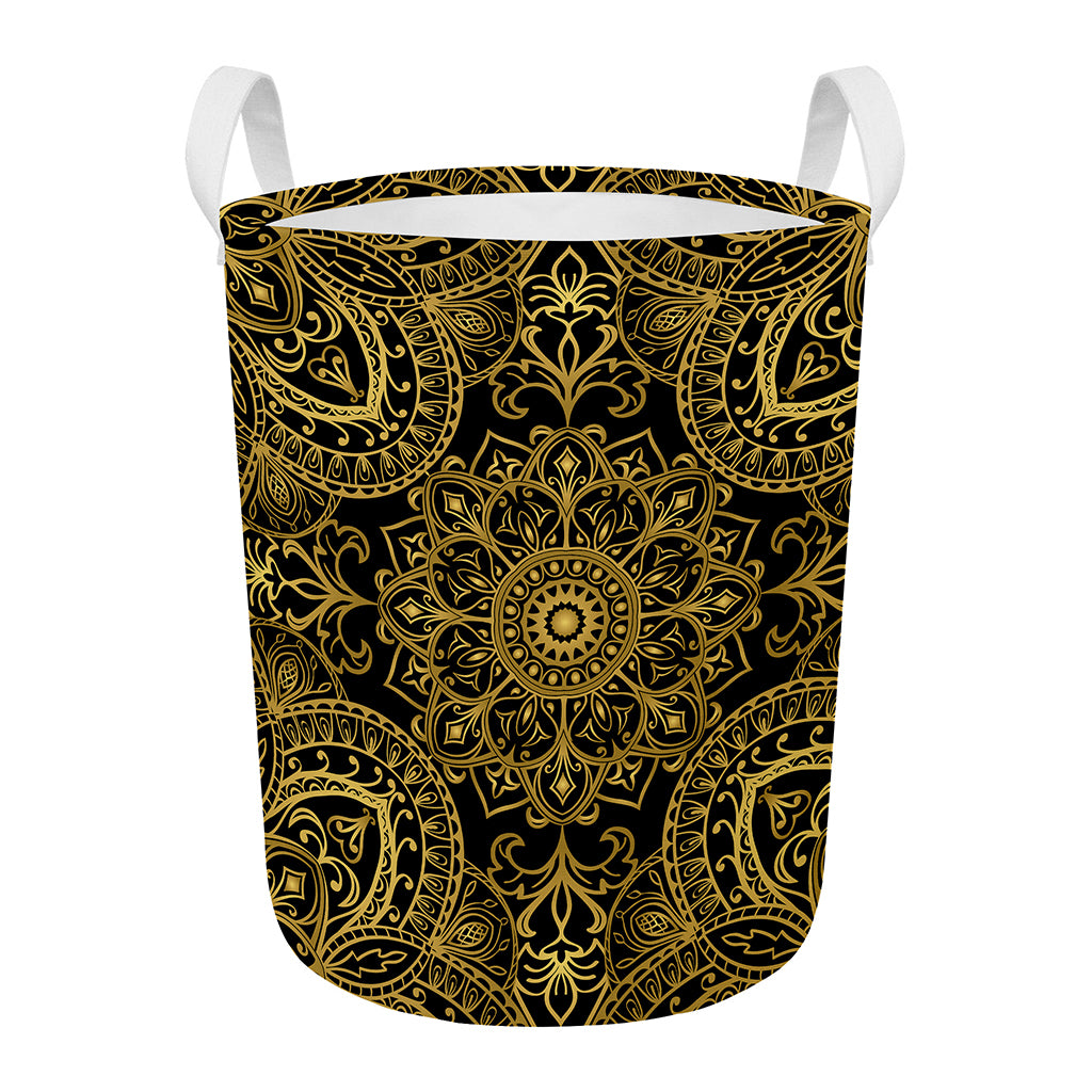 Gold And Black Mandala Print Round Laundry Basket