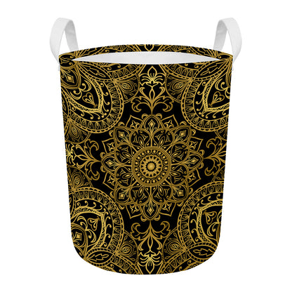 Gold And Black Mandala Print Round Laundry Basket