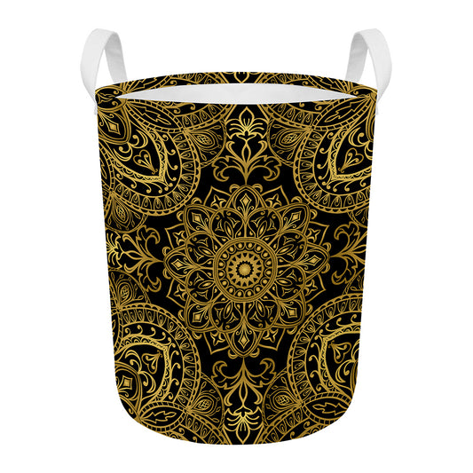 Gold And Black Mandala Print Round Laundry Basket