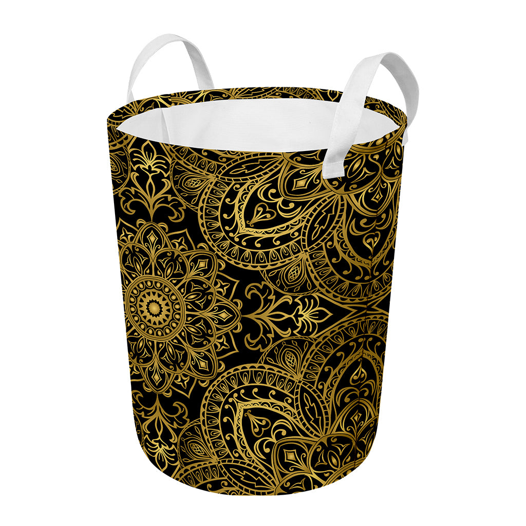 Gold And Black Mandala Print Round Laundry Basket