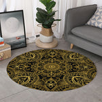 Gold And Black Mandala Print Round Rug