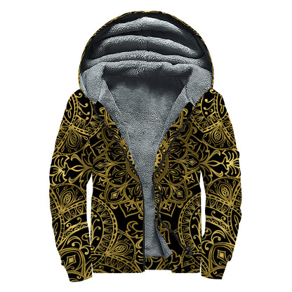 Gold And Black Mandala Print Sherpa Lined Zip Up Hoodie