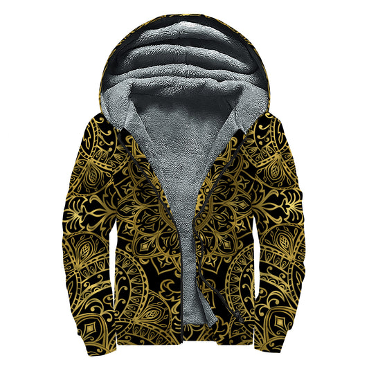 Gold And Black Mandala Print Sherpa Lined Zip Up Hoodie