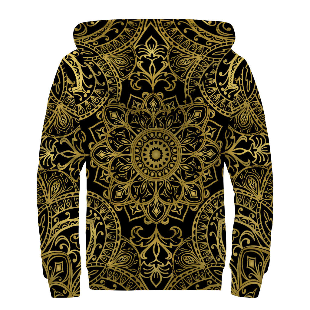 Gold And Black Mandala Print Sherpa Lined Zip Up Hoodie