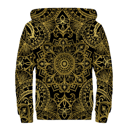 Gold And Black Mandala Print Sherpa Lined Zip Up Hoodie