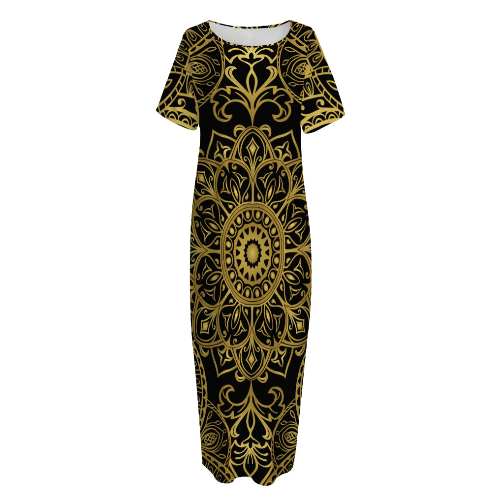 Gold And Black Mandala Print Short Sleeve Long Nightdress