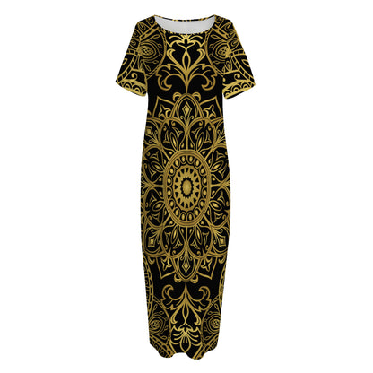 Gold And Black Mandala Print Short Sleeve Long Nightdress