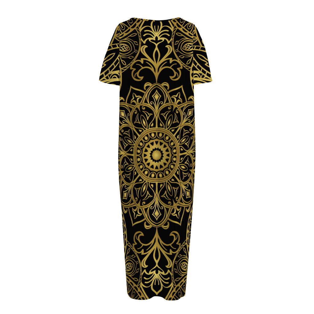 Gold And Black Mandala Print Short Sleeve Long Nightdress