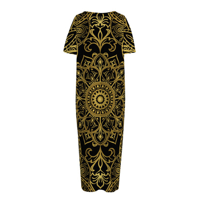Gold And Black Mandala Print Short Sleeve Long Nightdress