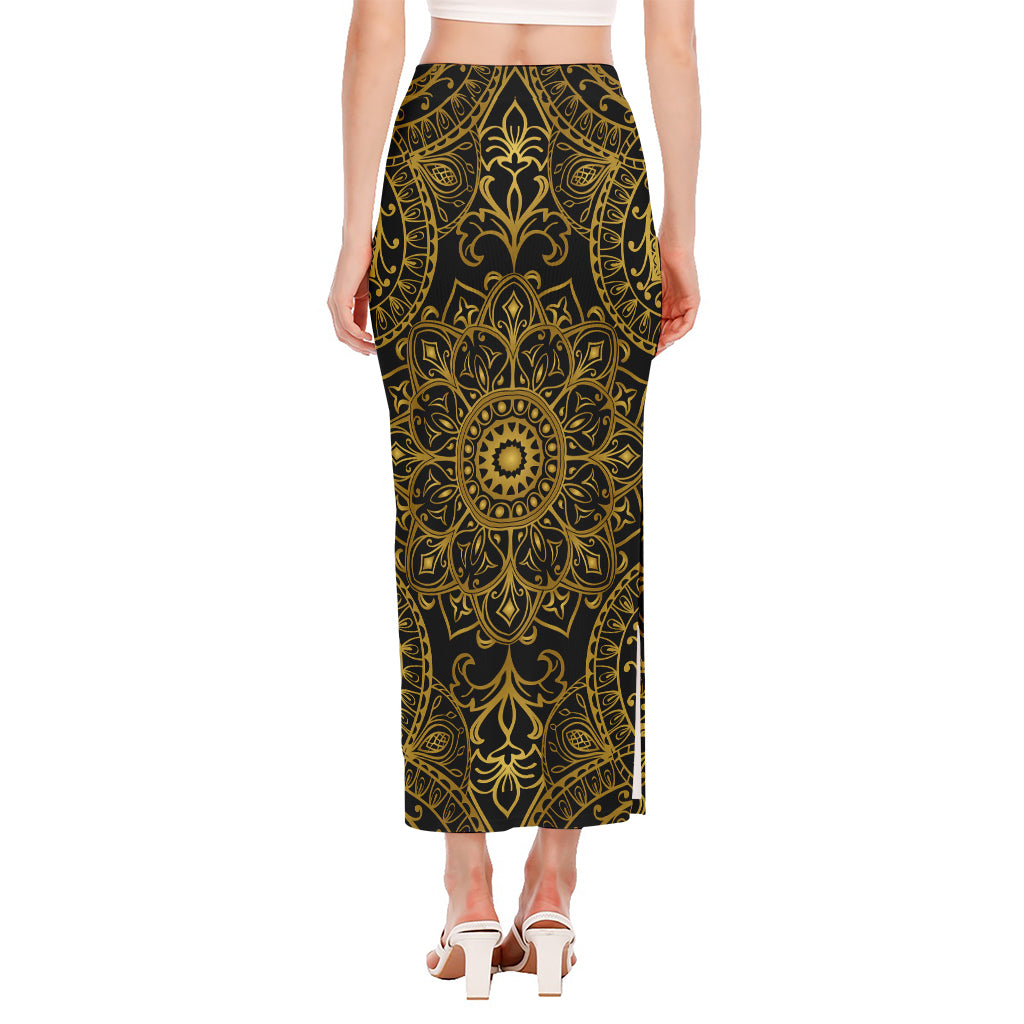 Gold And Black Mandala Print Side Slit Maxi Skirt
