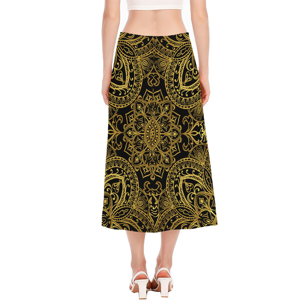 Gold And Black Mandala Print Side Slit Midi Skirt