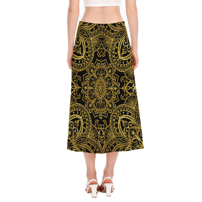 Gold And Black Mandala Print Side Slit Midi Skirt