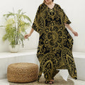 Gold And Black Mandala Print Silk V-Neck Kaftan Dress