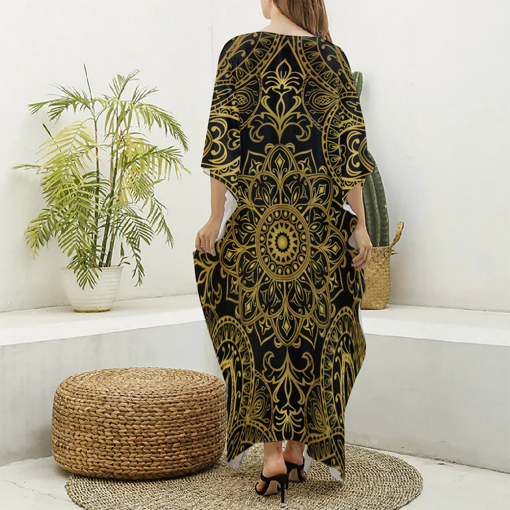 Gold And Black Mandala Print Silk V-Neck Kaftan Dress