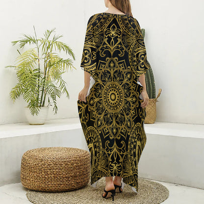 Gold And Black Mandala Print Silk V-Neck Kaftan Dress