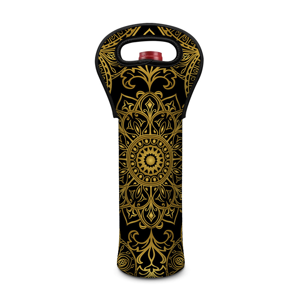 Gold And Black Mandala Print Single Neoprene Wine Tote