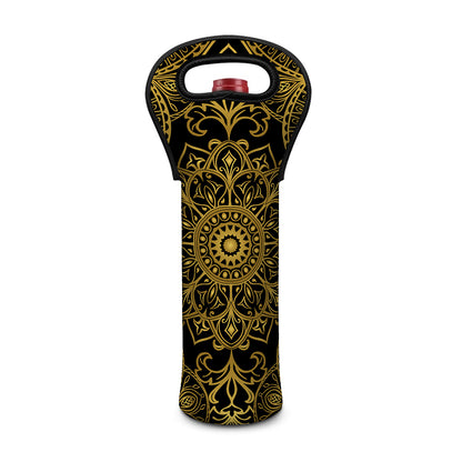 Gold And Black Mandala Print Single Neoprene Wine Tote