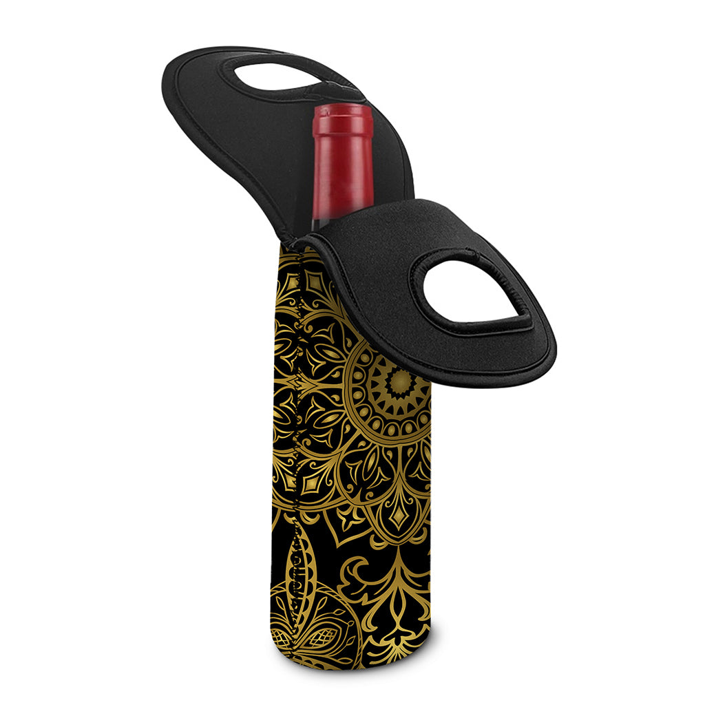 Gold And Black Mandala Print Single Neoprene Wine Tote