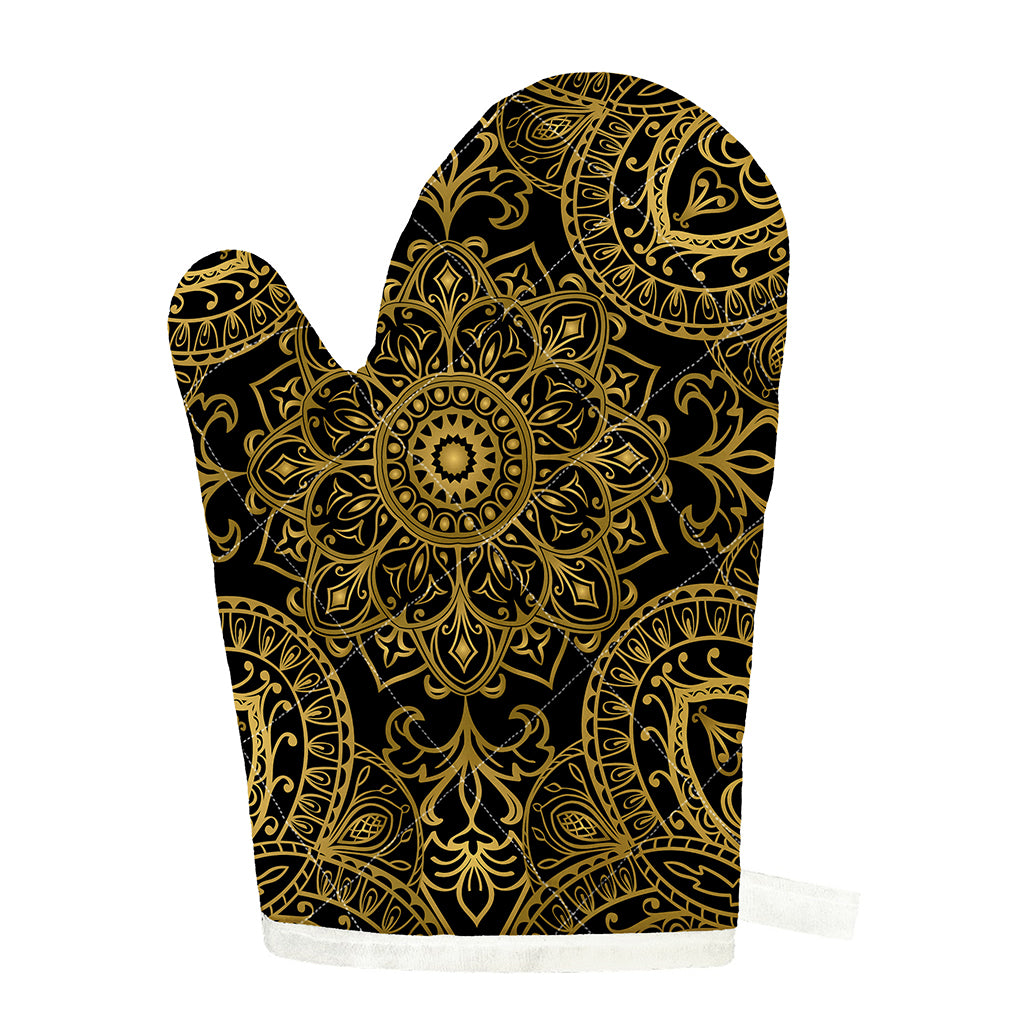 Gold And Black Mandala Print Single Oven Mitt