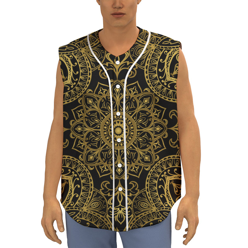 Gold And Black Mandala Print Sleeveless Baseball Jersey