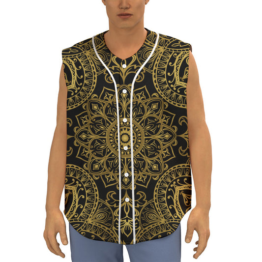 Gold And Black Mandala Print Sleeveless Baseball Jersey