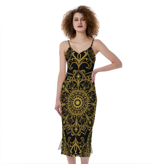 Gold And Black Mandala Print Slim Fit Midi Cami Dress