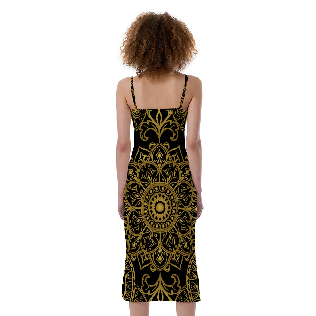 Gold And Black Mandala Print Slim Fit Midi Cami Dress