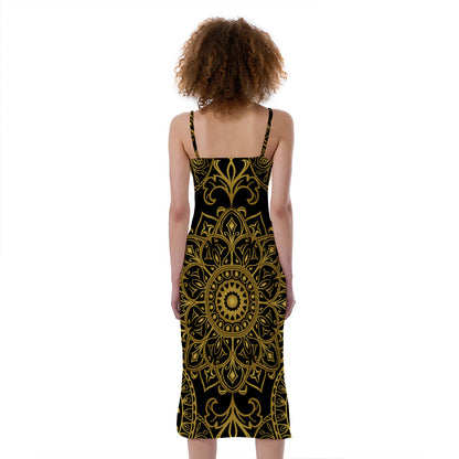 Gold And Black Mandala Print Slim Fit Midi Cami Dress