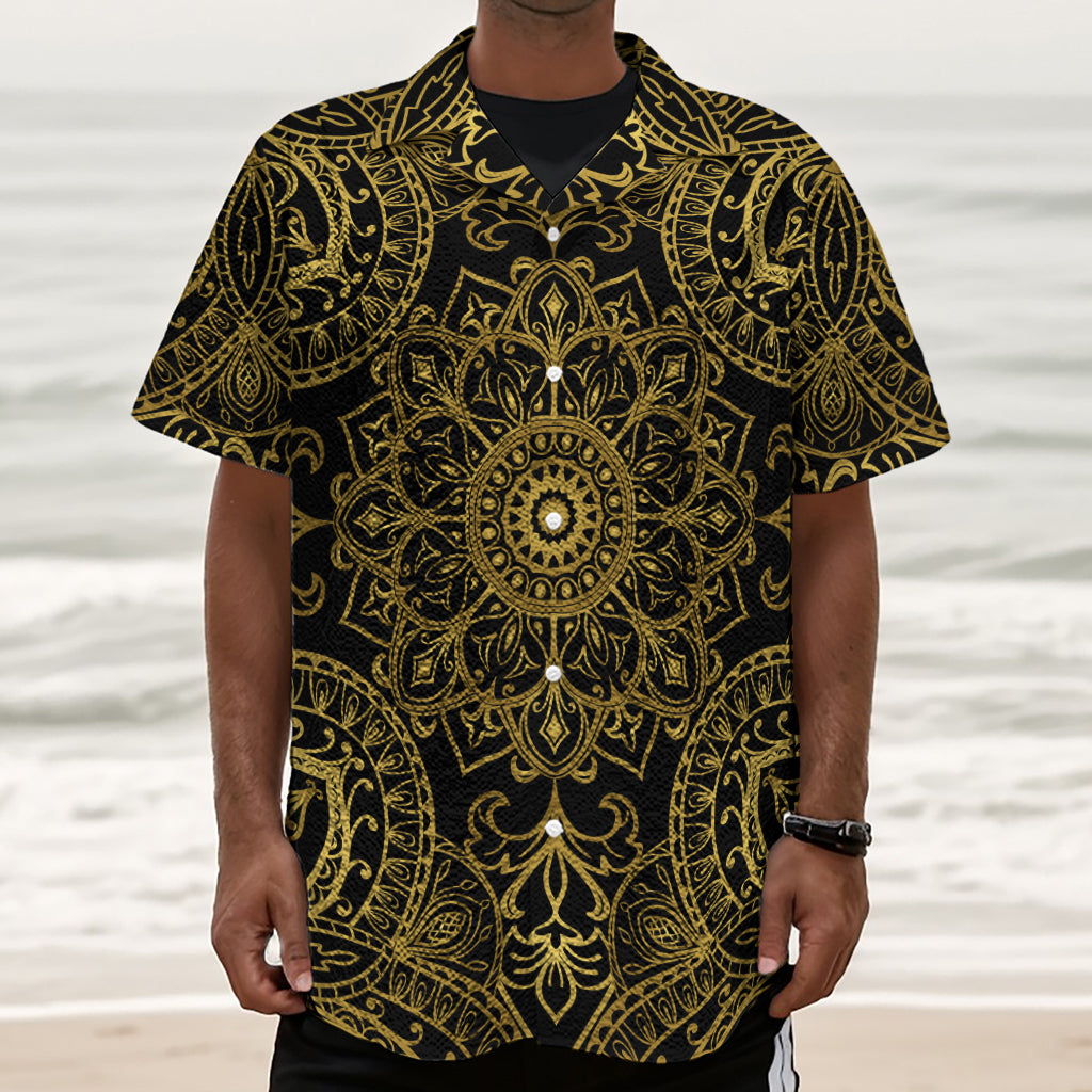 Gold And Black Mandala Print Textured Short Sleeve Shirt