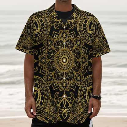 Gold And Black Mandala Print Textured Short Sleeve Shirt