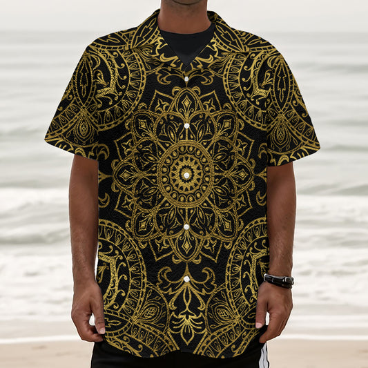 Gold And Black Mandala Print Textured Short Sleeve Shirt