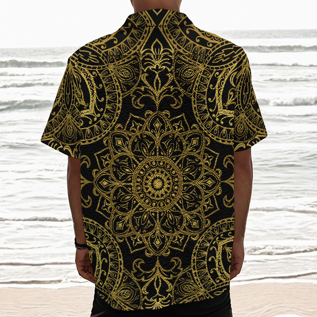 Gold And Black Mandala Print Textured Short Sleeve Shirt