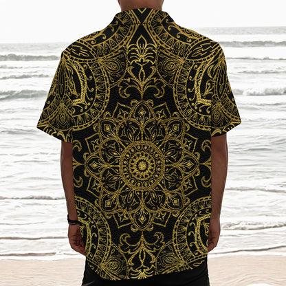 Gold And Black Mandala Print Textured Short Sleeve Shirt