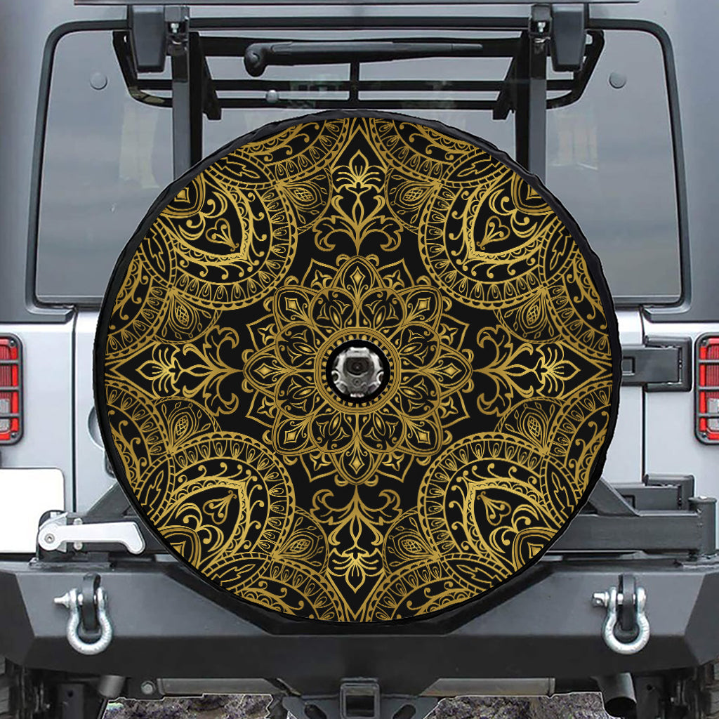 Gold And Black Mandala Print Tire Cover With Camera Hole